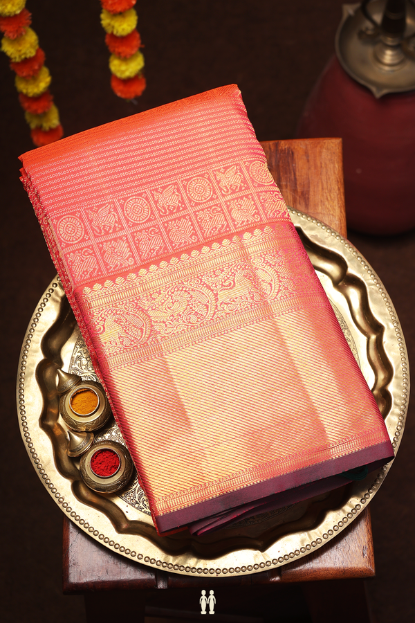 Kanchipuram Silk Saree In Coral Orange With Brocade Design