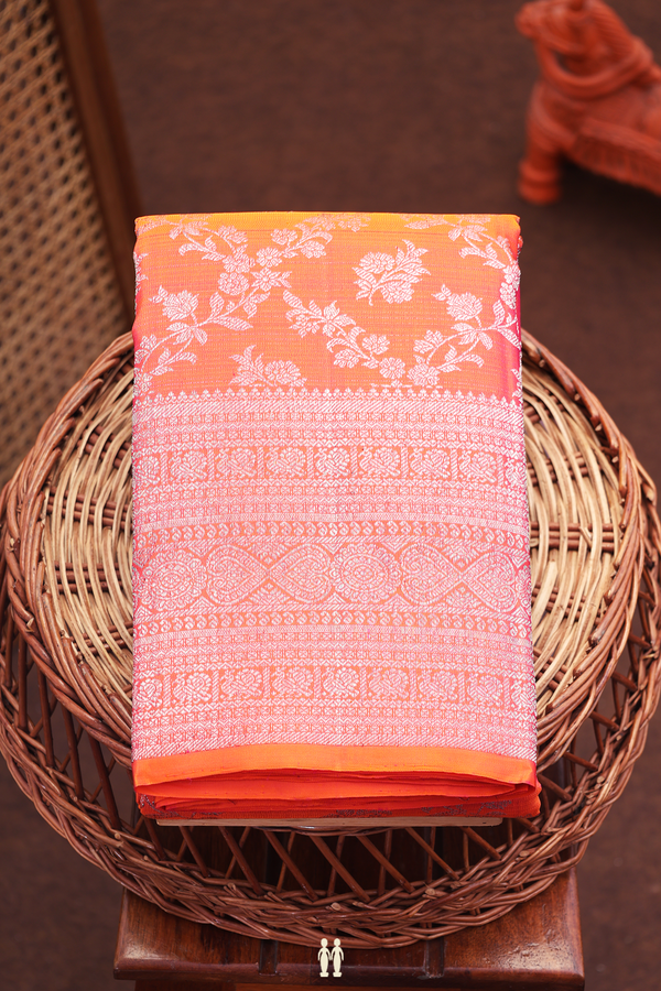 Kanchipuram Silk Saree In Coral Orange With Brocade Design