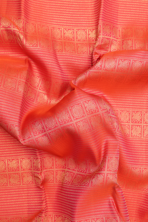 Kanchipuram Silk Saree In Coral Orange With Brocade Design