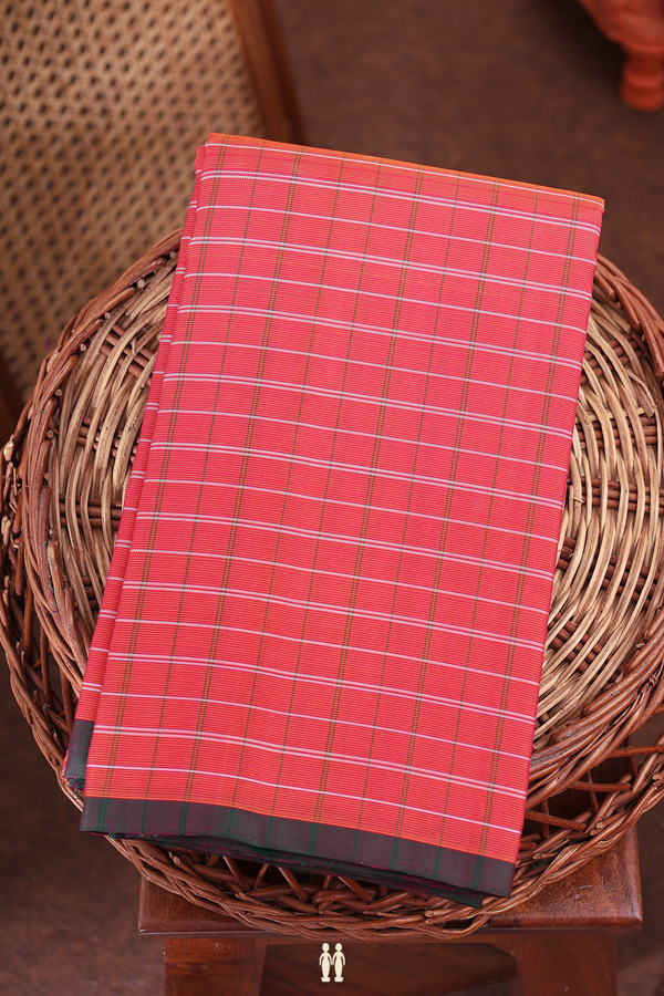 Kanchipuram Silk Saree In Coral Orange With Checks Design