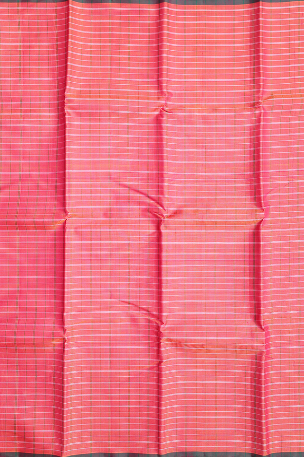 Kanchipuram Silk Saree In Coral Orange With Checks Design