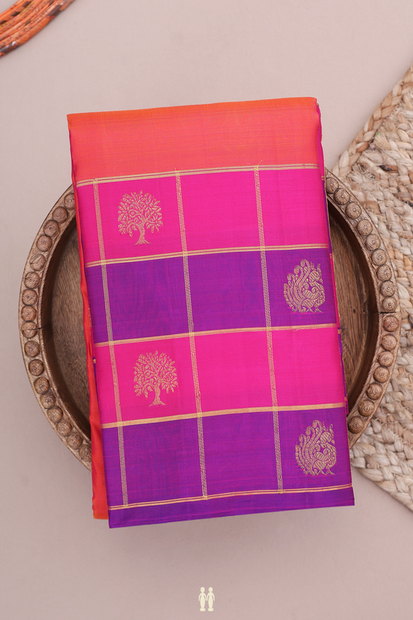 Kanchipuram Silk Saree In Coral Orange With Contrast Border