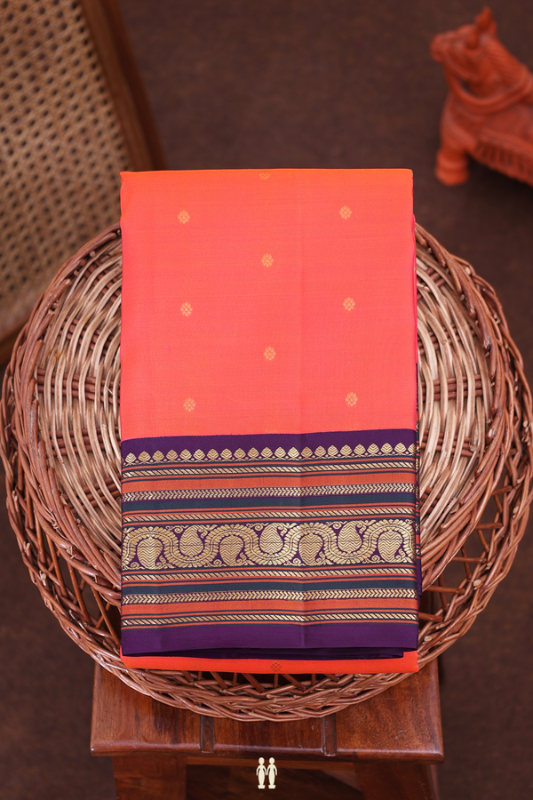 Kanchipuram Silk Saree In Coral Orange With Floral Buttas