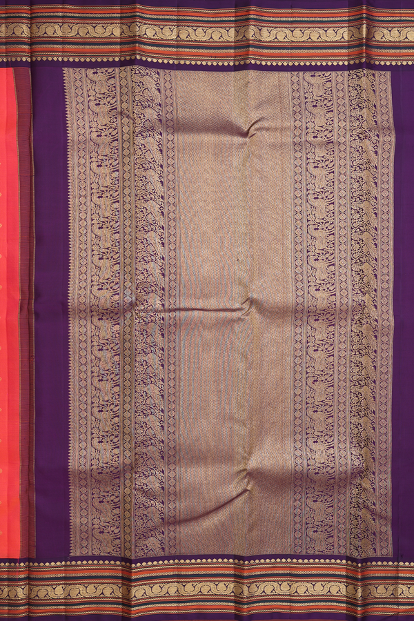 Kanchipuram Silk Saree In Coral Orange With Floral Buttas