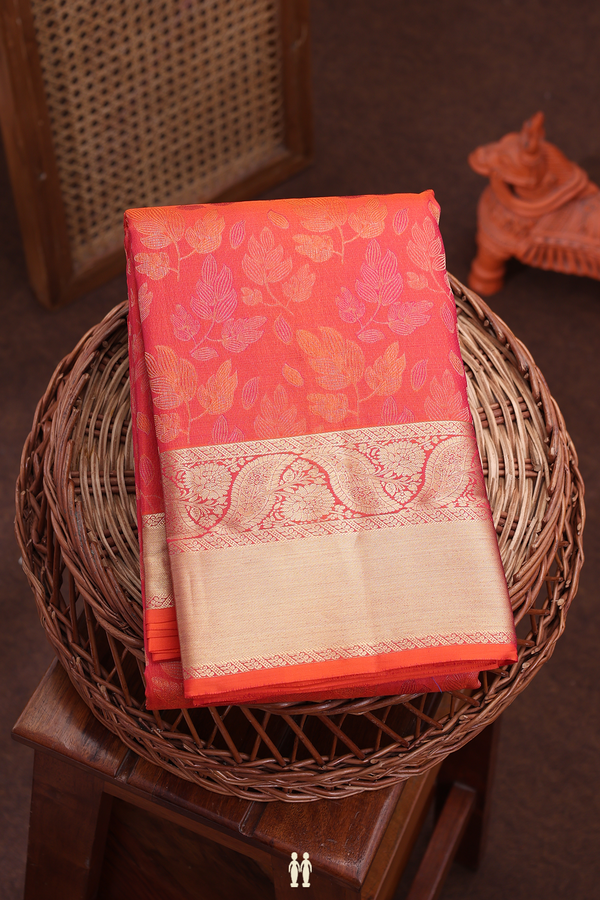 Kanchipuram Silk Saree In Coral Orange With Floral Design