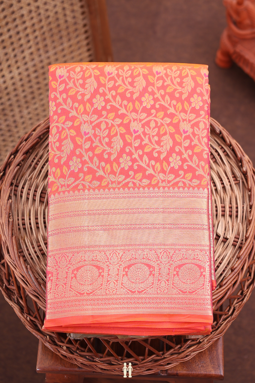 Kanchipuram Silk Saree In Coral Orange With Floral Design