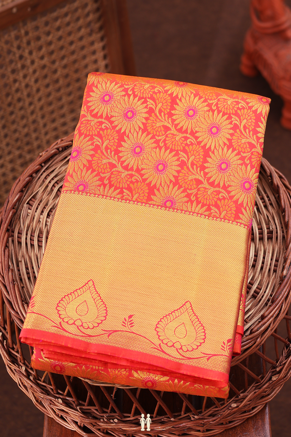 Kanchipuram Silk Saree In Coral Orange With Floral Design