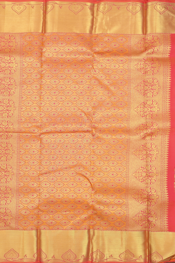 Kanchipuram Silk Saree In Coral Pink With Floral Design