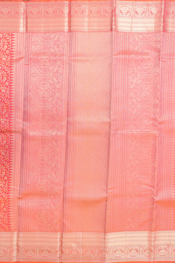 Kanchipuram Silk Saree In Coral Orange With Floral Design