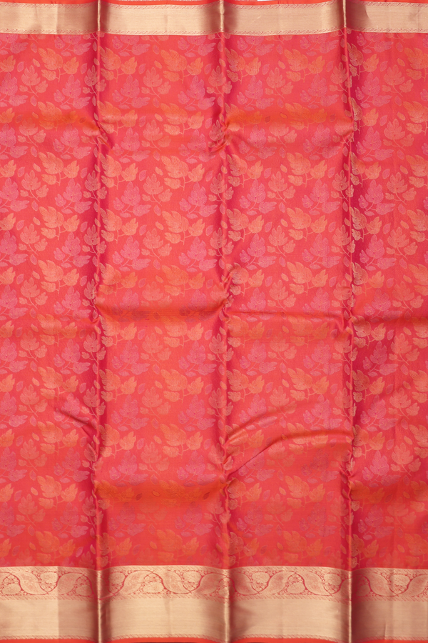 Kanchipuram Silk Saree In Coral Orange With Floral Design