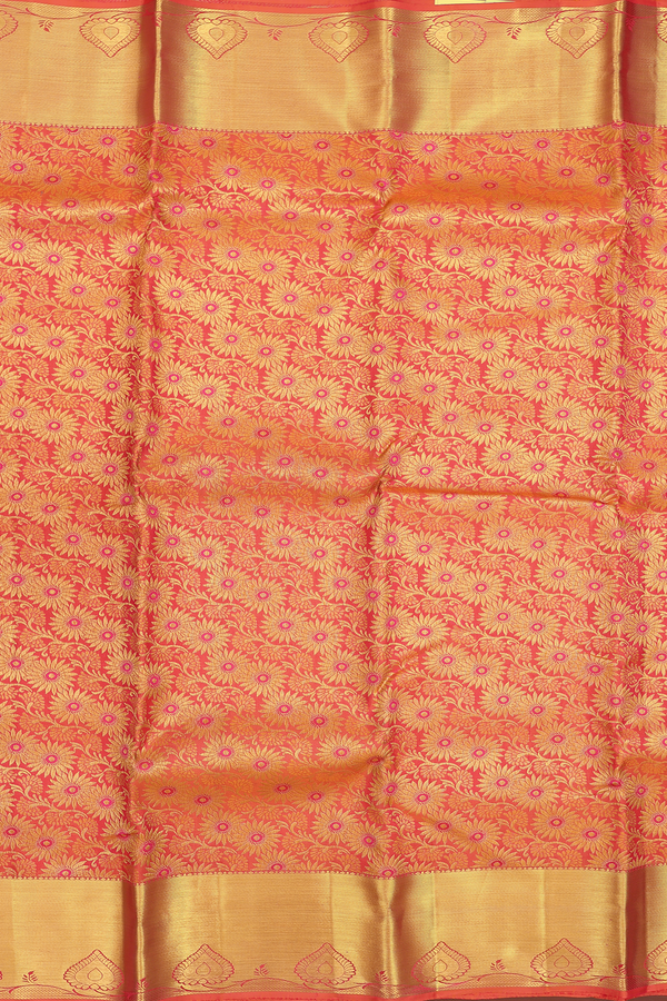 Kanchipuram Silk Saree In Coral Orange With Floral Design