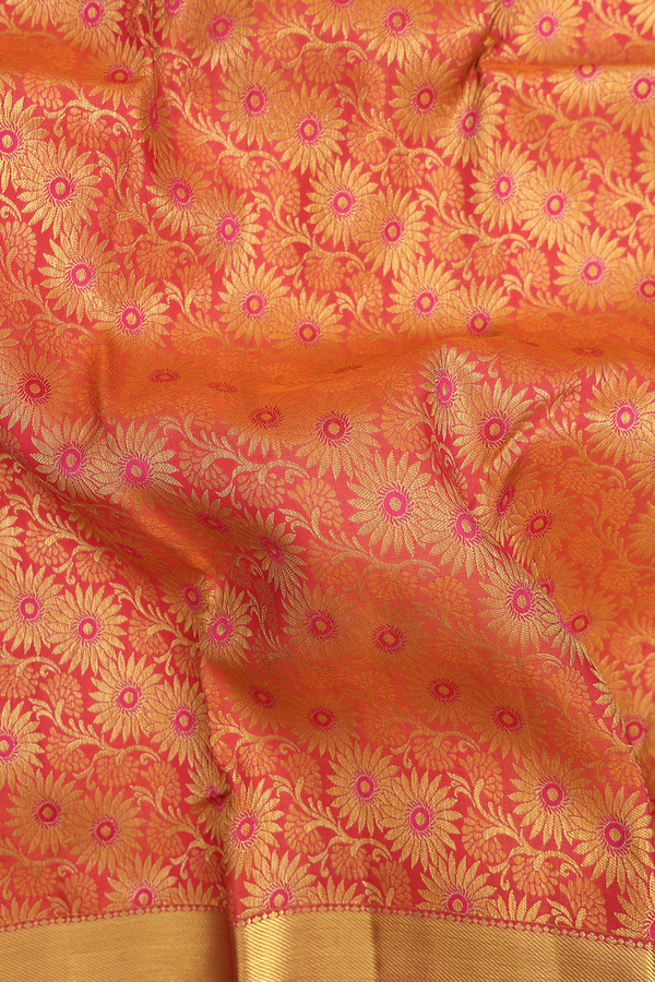 Kanchipuram Silk Saree In Coral Orange With Floral Design