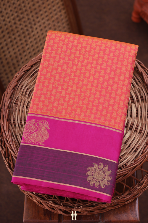 Kanchipuram Silk Saree In Coral Orange With Paisley Design