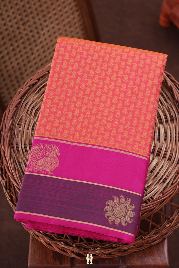 Kanchipuram Silk Saree In Coral Orange With Paisley Design
