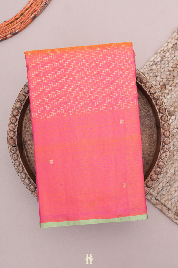 Kanchipuram Silk Saree In Coral Orange With Zari Checks