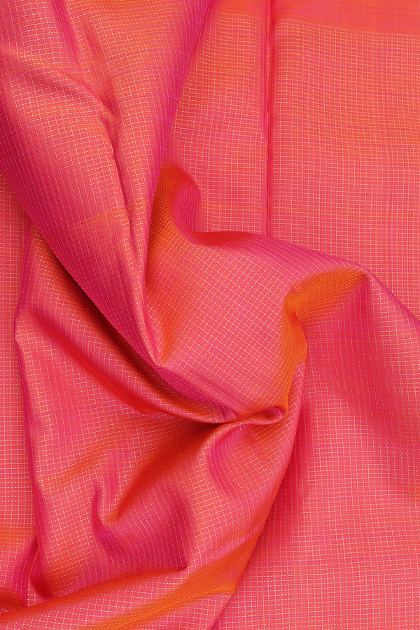 Kanchipuram Silk Saree In Coral Orange With Zari Checks