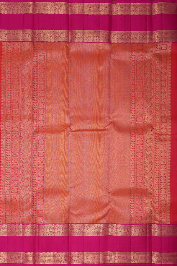 Kanchipuram Silk Saree In Coral Pink Along Checks With Buttas