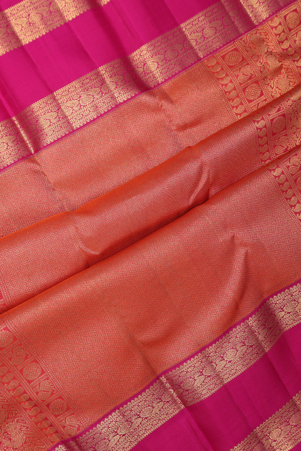 Kanchipuram Silk Saree In Coral Pink Along Checks With Buttas