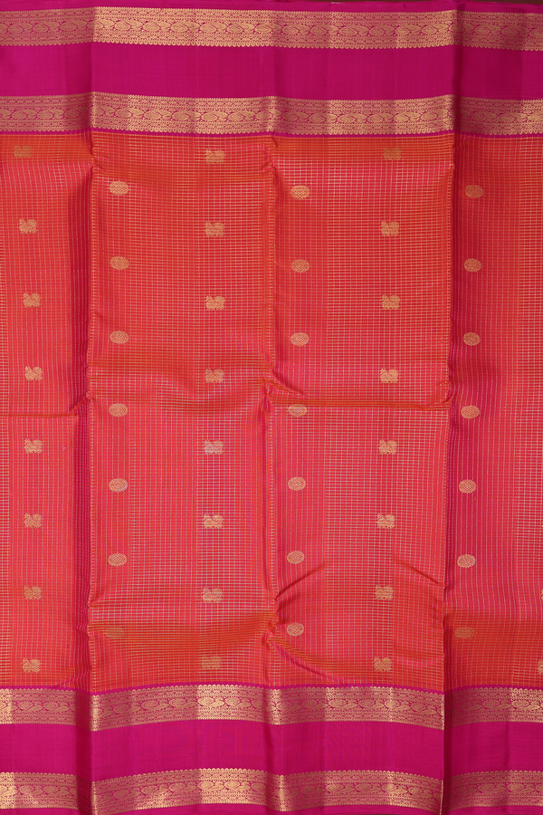 Kanchipuram Silk Saree In Coral Pink Along Checks With Buttas
