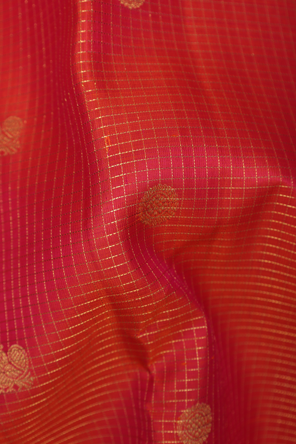Kanchipuram Silk Saree In Coral Pink Along Checks With Buttas
