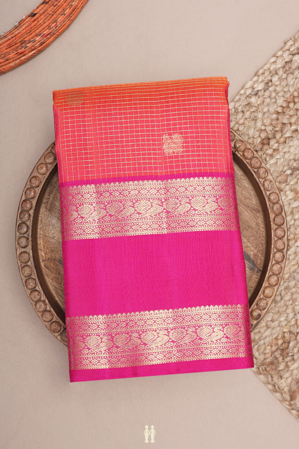 Kanchipuram Silk Saree In Coral Pink Along Checks With Buttas