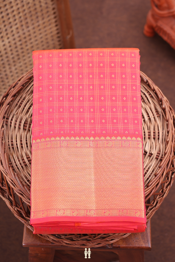 Kanchipuram Silk Saree In Coral Pink Along Checks With Buttis
