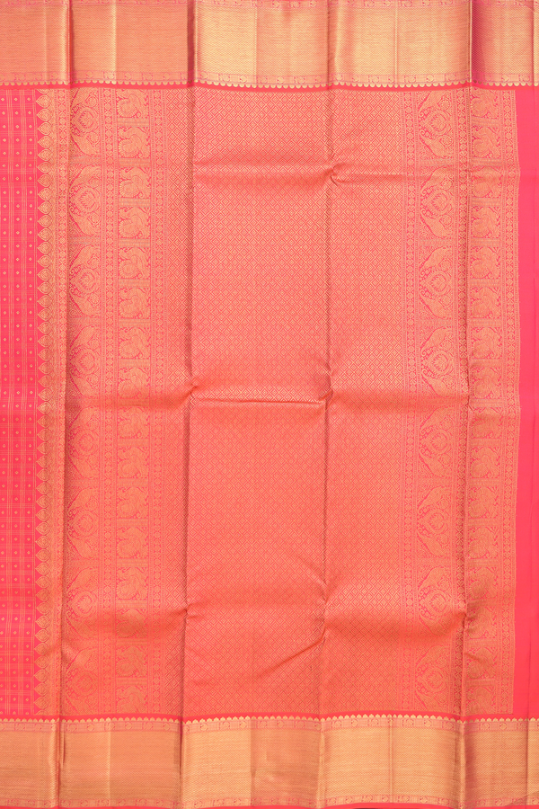 Kanchipuram Silk Saree In Coral Pink Along Checks With Buttis