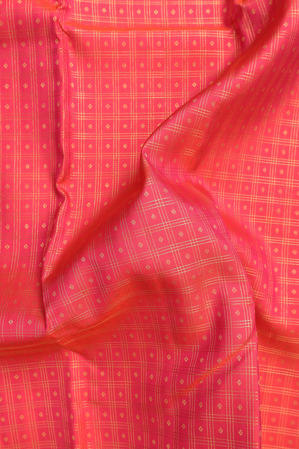 Kanchipuram Silk Saree In Coral Pink Along Checks With Buttis