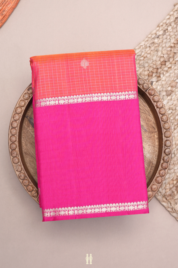 Kanchipuram Silk Saree In Coral Pink With Checks Design