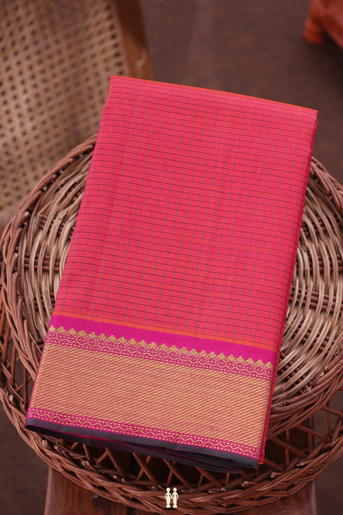 Kanchipuram Silk Saree In Punch Pink With Checks Design