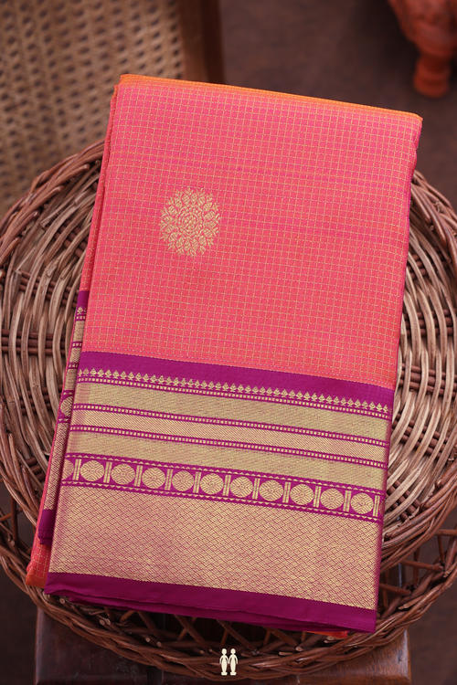 Kanchipuram Silk Saree In Coral Pink With Checks Design