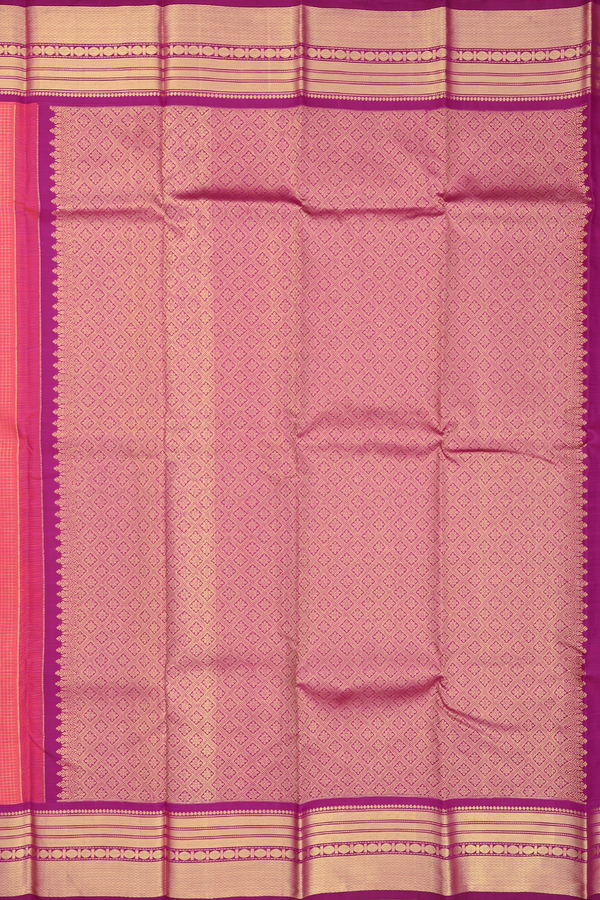Kanchipuram Silk Saree In Coral Pink With Checks Design