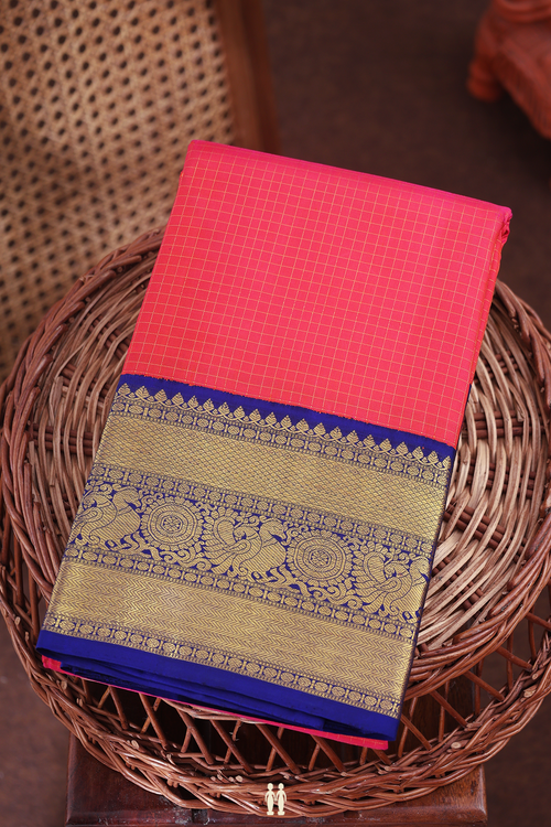 Kanchipuram Silk Saree In Coral Pink With Checks Design