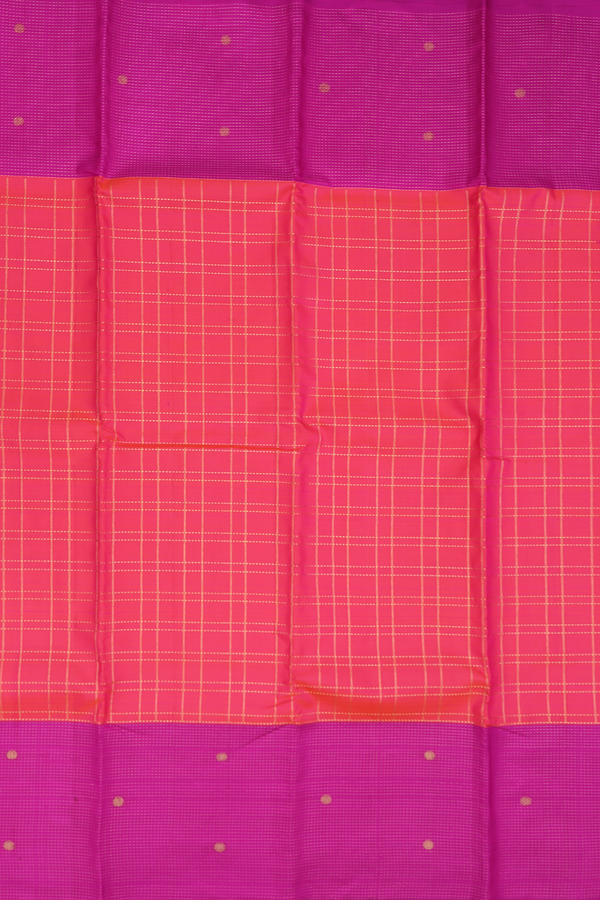 Kanchipuram Silk Saree In Coral Pink With Checks Design