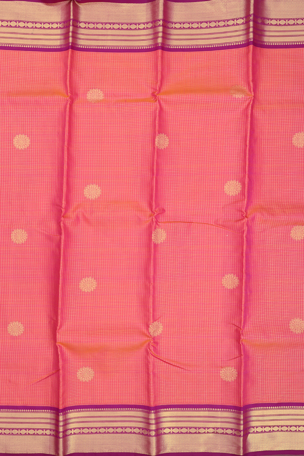 Kanchipuram Silk Saree In Coral Pink With Checks Design