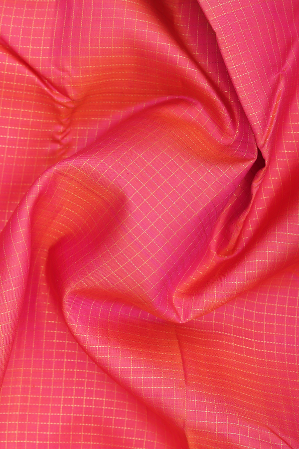Kanchipuram Silk Saree In Coral Pink With Checks Design