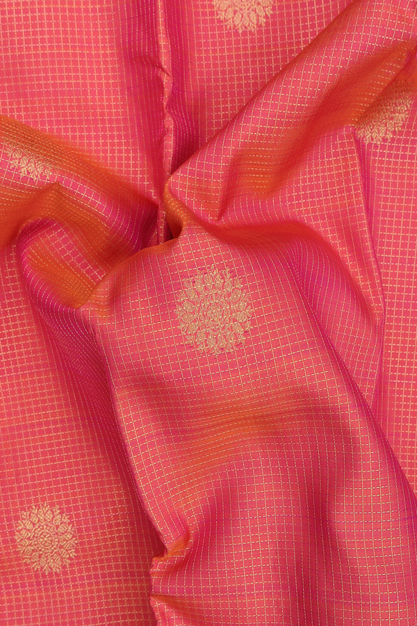 Kanchipuram Silk Saree In Coral Pink With Checks Design