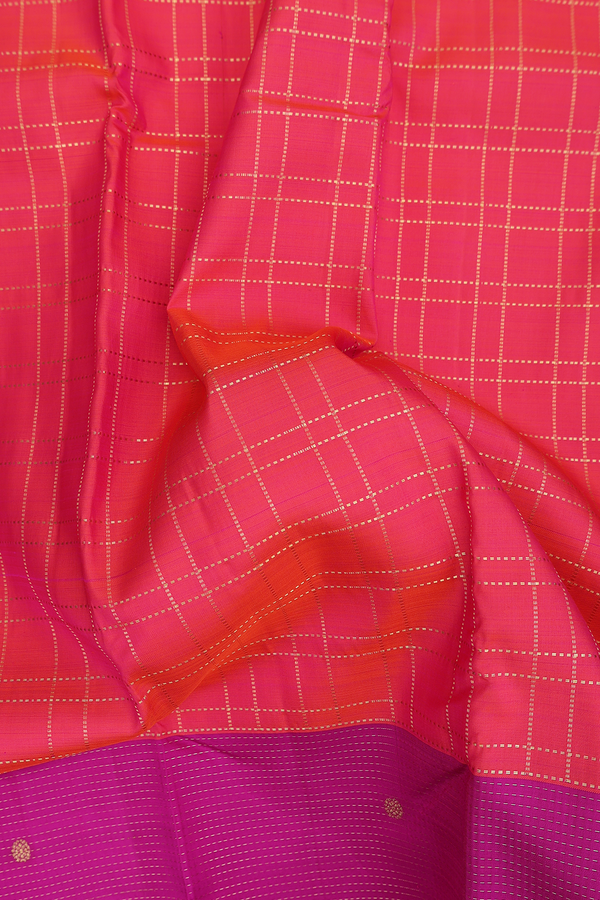Kanchipuram Silk Saree In Coral Pink With Checks Design