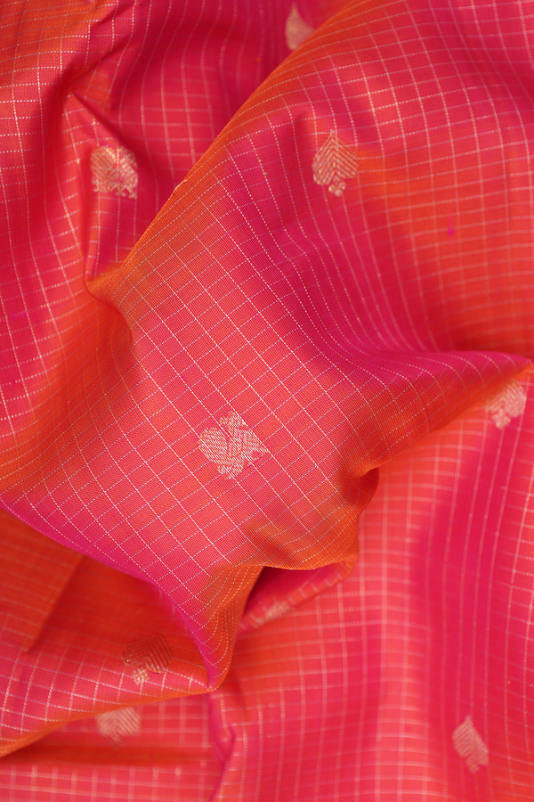 Kanchipuram Silk Saree In Coral Pink With Checks Design