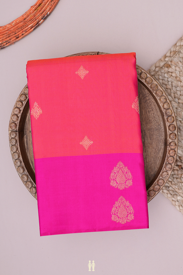 Kanchipuram Silk Saree In Coral Pink With Diamond Buttas