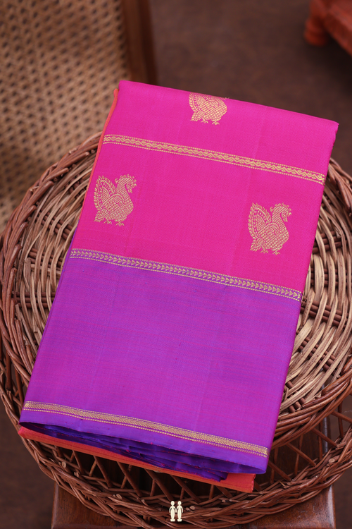 Kanchipuram Silk Saree In Coral Pink With Floral Buttas