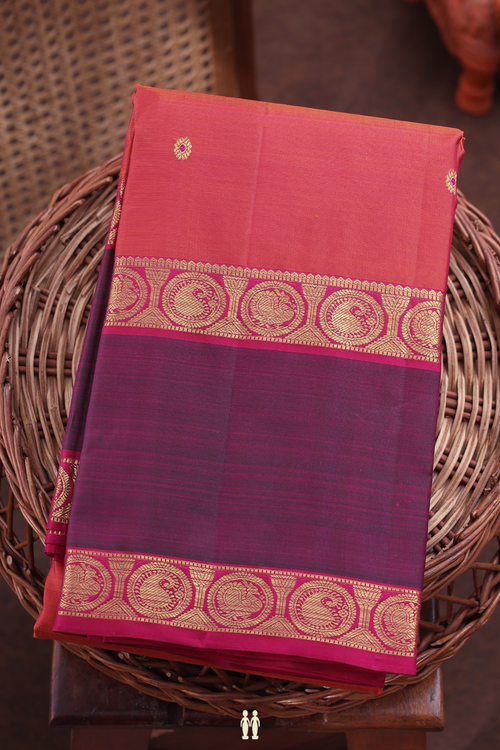 Kanchipuram Silk Saree In Coral Pink With Floral Buttas