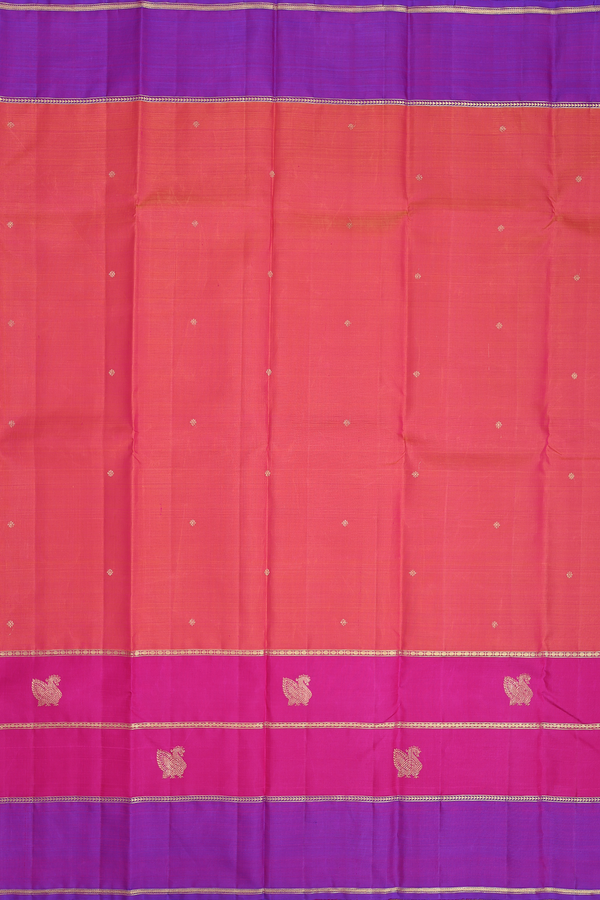 Kanchipuram Silk Saree In Coral Pink With Floral Buttas