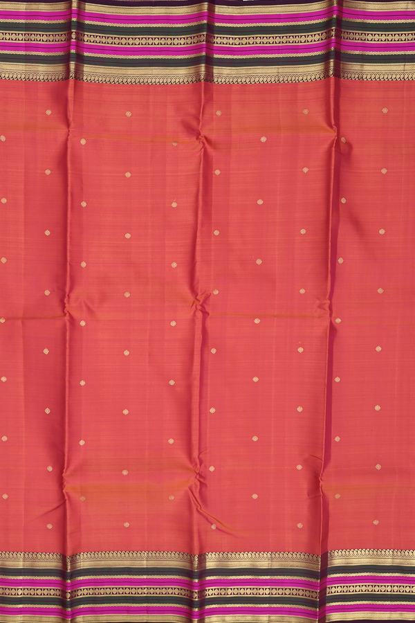 Kanchipuram Silk Saree In Coral Pink With Floral Buttis