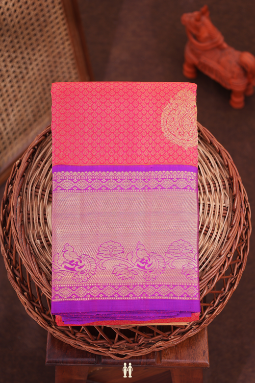 Kanchipuram Silk Saree In Coral Pink With Jacquard Pattern