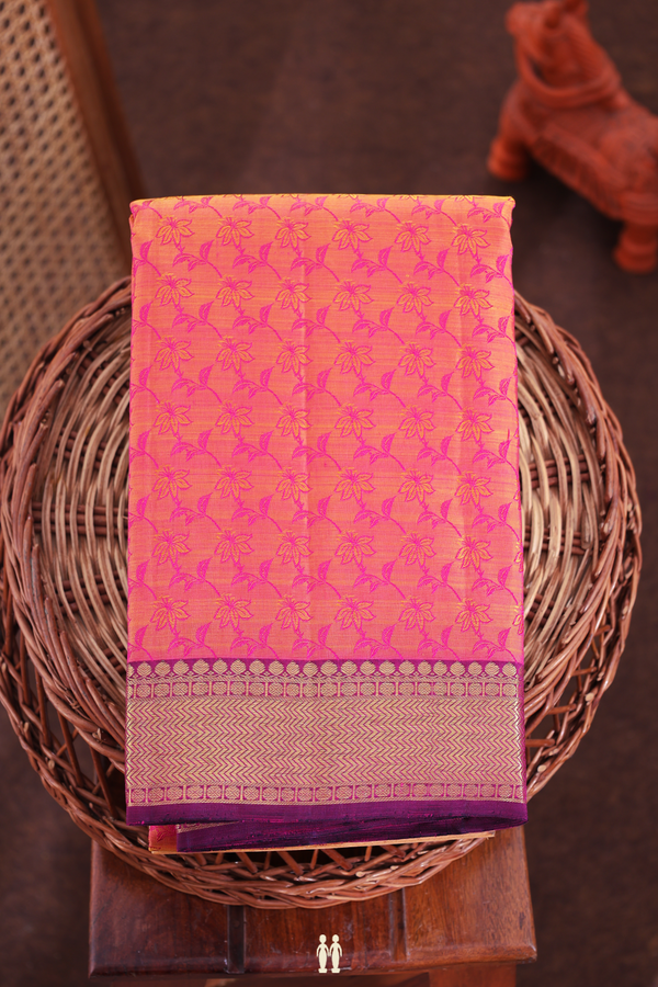 Kanchipuram Silk Saree In Coral Pink With Jacquard Pattern
