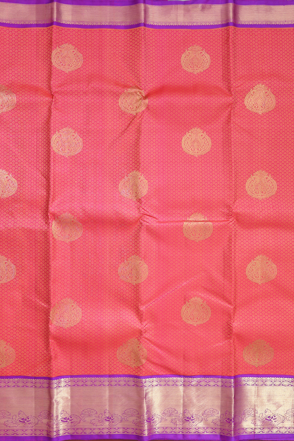 Kanchipuram Silk Saree In Coral Pink With Jacquard Pattern