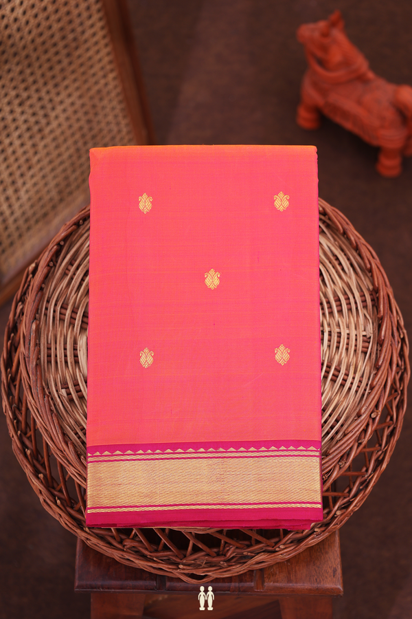 Kanchipuram Silk Saree In Coral Pink With Paisley Buttas