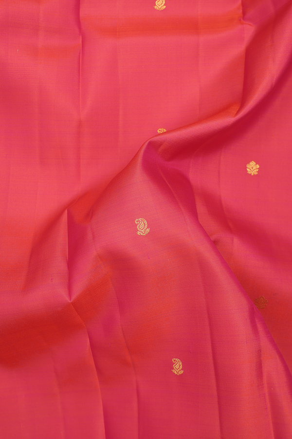 Kanchipuram Silk Saree In Coral Pink With Paisley Buttas
