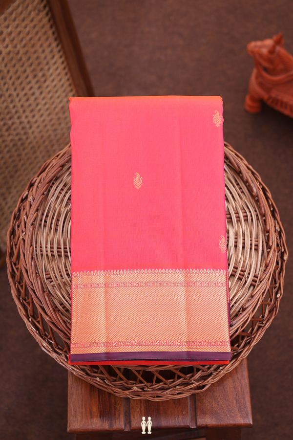 Kanchipuram Silk Saree In Coral Pink With Paisley Buttis
